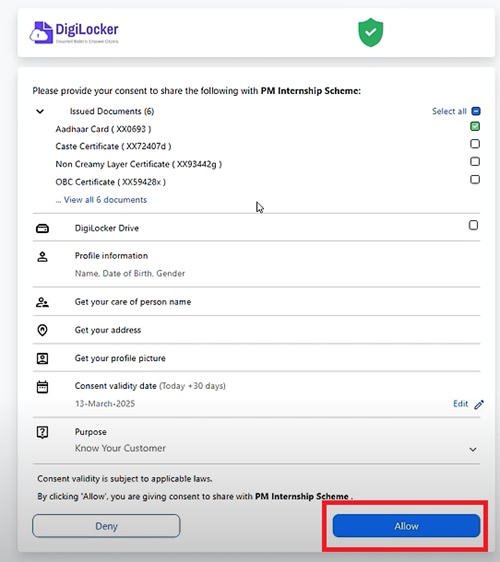 PM internship Digilocker consent